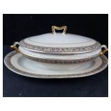 Feldta China Germany Lidded Oval Tureen - Matching Underplate, Gold Handles