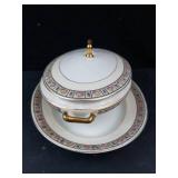 Feldta China Germany Lidded Oval Tureen - Matching Underplate, Gold Handles