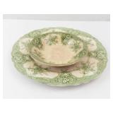 Sandon Royal Premier Semi-Porcelain Green Transfer Plate and Bowl (Lot of 2)