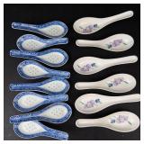 Porcelain Spoons - Blue & White Delft-Style (8) and Floral Purple Flower Spoons (6)