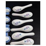 Porcelain Spoons - Blue & White Delft-Style (8) and Floral Purple Flower Spoons (6)