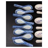 Porcelain Spoons - Blue & White Delft-Style (8) and Floral Purple Flower Spoons (6)