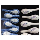 Porcelain Spoons - Blue & White Delft-Style (8) and Floral Purple Flower Spoons (6)