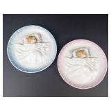 Vintage Japan Porcelain Wall Plates - 3D Baby in Bed Relief, Pink & Blue Borders, 2-Piece Set