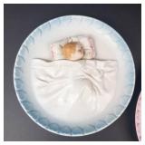 Vintage Japan Porcelain Wall Plates - 3D Baby in Bed Relief, Pink & Blue Borders, 2-Piece Set