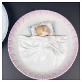 Vintage Japan Porcelain Wall Plates - 3D Baby in Bed Relief, Pink & Blue Borders, 2-Piece Set