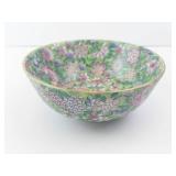 Chinese Porcelain Floral Bowl - Green Ground with Pink, Purple & Blue Flowers