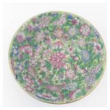 Chinese Porcelain Floral Bowl - Green Ground with Pink, Purple & Blue Flowers