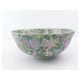Chinese Porcelain Floral Bowl - Green Ground with Pink, Purple & Blue Flowers