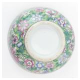 Chinese Porcelain Floral Bowl - Green Ground with Pink, Purple & Blue Flowers