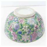 Chinese Porcelain Floral Bowl - Green Ground with Pink, Purple & Blue Flowers