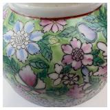 Chinese Porcelain Floral Bowl - Green Ground with Pink, Purple & Blue Flowers