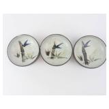 Bamboo Motif Ceramic Bowls - Set of 3, White Glaze & Dark Brown Rim