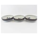 Bamboo Motif Ceramic Bowls - Set of 3, White Glaze & Dark Brown Rim