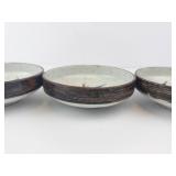 Bamboo Motif Ceramic Bowls - Set of 3, White Glaze & Dark Brown Rim