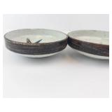 Bamboo Motif Ceramic Bowls - Set of 3, White Glaze & Dark Brown Rim