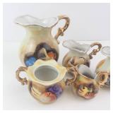 Enesco Porcelain Miniature Pitchers & Sugar Bowl (Lot of 5) - Fruit Design w/ Gold Trim