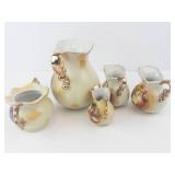 Enesco Porcelain Miniature Pitchers & Sugar Bowl (Lot of 5) - Fruit Design w/ Gold Trim