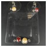 Wine Glass Set - 2 Clear Glasses & Square Snack Plate with Cabochon Accents