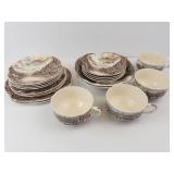 Village Scene Transferware Teacups & Plates Set