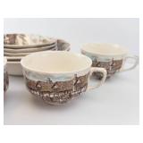 Village Scene Transferware Teacups & Plates Set