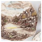 Village Scene Transferware Teacups & Plates Set