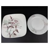 Corelle Twilight Grove Square Plates (2) & Federal Glass Golden Glory Milk Glass Plates (2)