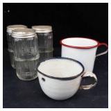 Hoosier Glass Spice Jars (3) - Enamel Mugs (2) Vintage Kitchenware