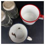 Hoosier Glass Spice Jars (3) - Enamel Mugs (2) Vintage Kitchenware