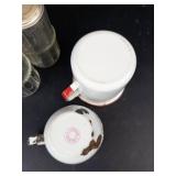 Hoosier Glass Spice Jars (3) - Enamel Mugs (2) Vintage Kitchenware
