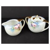 Porcelain Creamer & Lidded Sugar Bowl Set - Floral Roses, Gold Trim, Germany