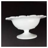 Anchor Hocking Old Colony Lace Edge Milk Glass Pedestal Compote - 7in Dia x 3.5in H