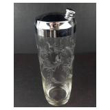 Mid-Century Modern Glass Cocktail Shaker - Etched Floral Design, 9 in Tall