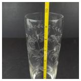 Mid-Century Modern Glass Cocktail Shaker - Etched Floral Design, 9 in Tall