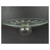 Glass Cake Stand with Etched Leaf Pattern on Pedestal - 11 in Diameter
