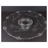 Clear Glass Pedestal Plate with Etched Leaf Pattern - 11 Inch Diameter