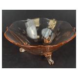 Lancaster Pink Depression Glass Footed Bowl - Floral Etching & Scalloped Rim