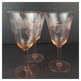 Tiffin Pink Depression Glass Wine Glasses - Etched Floral Pattern (Lot of 3)