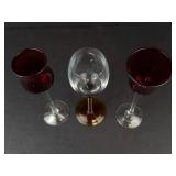 Lot of 3 Stemware Glasses - Burgundy Red Goblets (2) & Clear Goblet with red stem