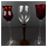 Lot of 3 Stemware Glasses - Burgundy Red Goblets (2) & Clear Goblet with red stem