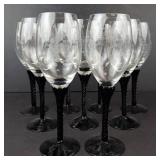 Grapevine-Etched Wine Glasses - Twisted Black Stems - Set of 9