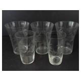 Glass Tumblers - Etched Floral Pattern 5-Piece Set (3 Large, 2 Small)
