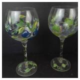 Wine Glasses Set - Clear 4, Hand-Painted 2, Hurricane Lamp with Gold Stem (Lot of 7)