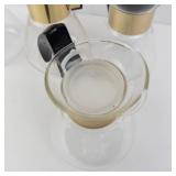 Corning Glass Coffee Carafes - 4-Pack Vintage with Gold Tone Collar & Black Handle