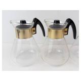 Corning Glass Coffee Carafes - 4-Pack Vintage with Gold Tone Collar & Black Handle