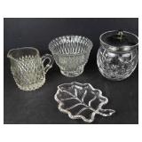 Indiana Glass Diamond Point Creamer - Libbey Sugar Bowl w/Lid - Glass Leaf Dish