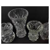 Crystal Glassware Assortment: 4 Small Vases, 1 Salt Shaker, 1 Creamer