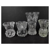 Crystal Glassware Assortment: 4 Small Vases, 1 Salt Shaker, 1 Creamer