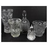Crystal Glassware Assortment: 4 Small Vases, 1 Salt Shaker, 1 Creamer