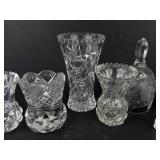 Crystal Glassware Assortment: 4 Small Vases, 1 Salt Shaker, 1 Creamer